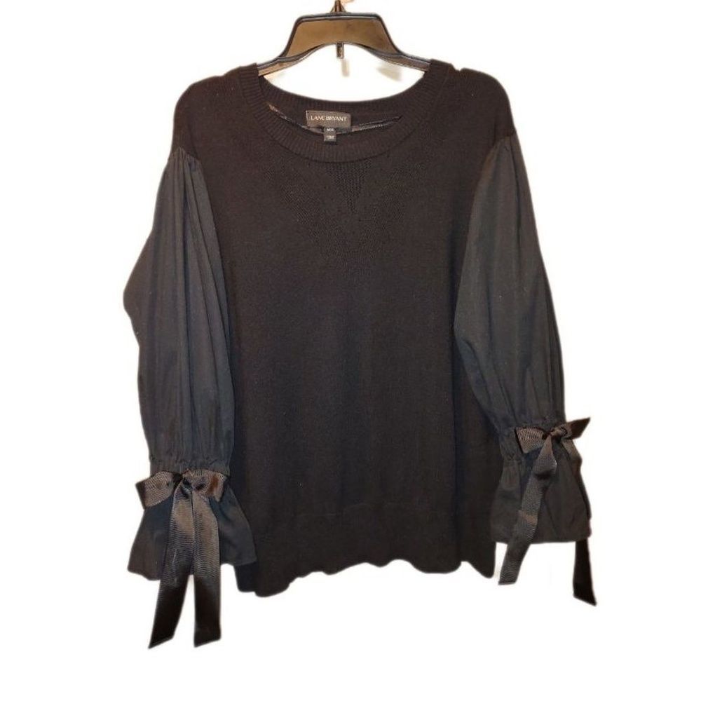 Lane Bryant black round neck lightweight sweater top with bell wrist and ribbon
